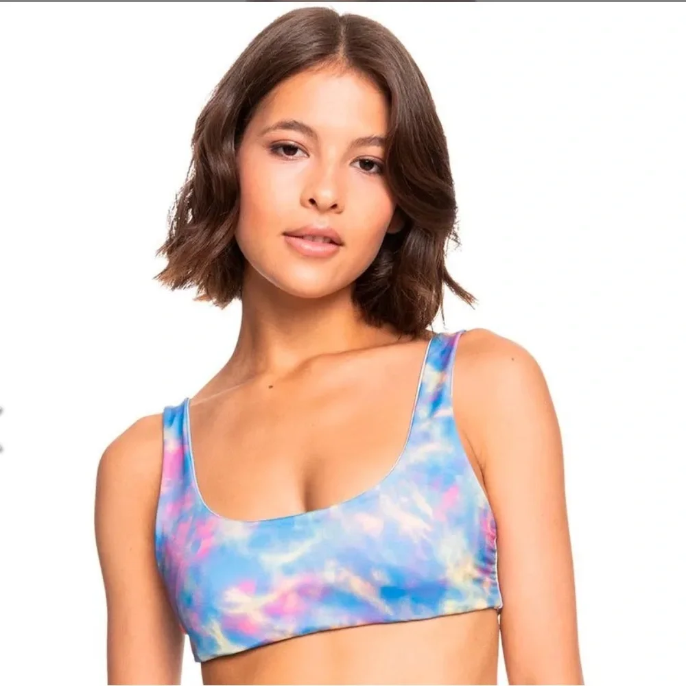 NWT Roxy Pop Surf Bralette Sporty- Reversible Bikini Top Tie Dye and Blue - Picture 1 of 10